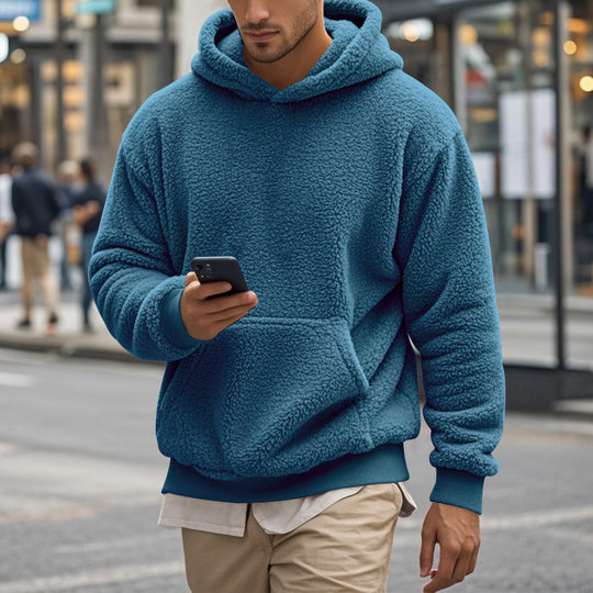 Herren Hoodie aus kuscheligem Teddy-Fleece mit Kängurutasche und breiten Bündchen EB