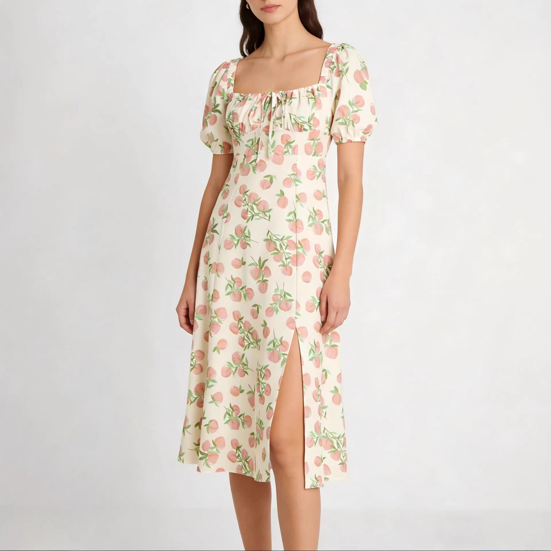 Damen Maxikleid mit pflanzlichem Muster und raffiniertem Schlitz EB