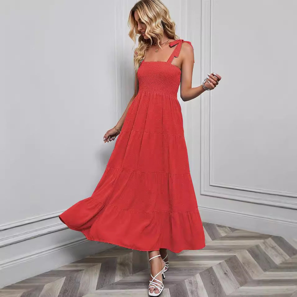 Damen Maxikleid im festlichen Boho-Stil mit schmalen Trägern und elastischem Oberteil EB