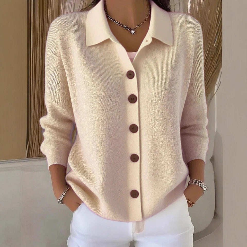 Damen nan Feinstrickjacke mit Hemdkragen und durchgehender Knopfleiste EB
