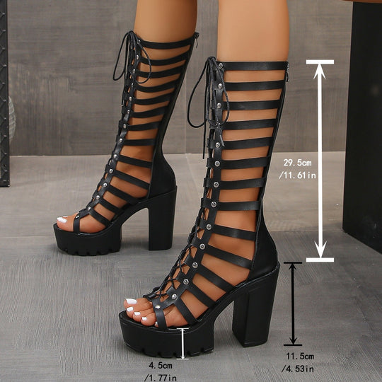 Damen High-Heel Overkneestiefel mit verstellbaren Riemen EB