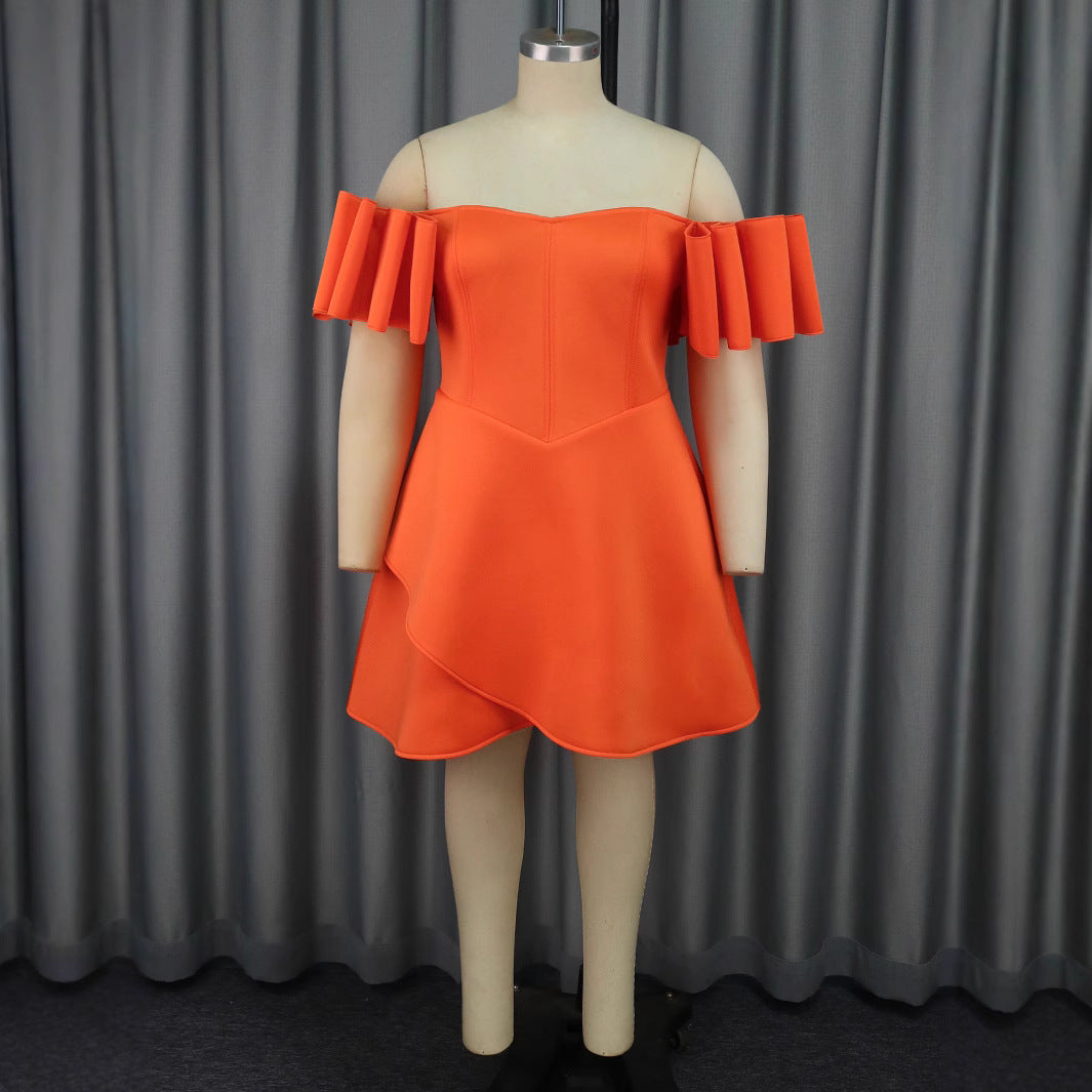 Damen Off-Shoulder Kleid mit Volantärmeln und asymmetrischem Saum EB