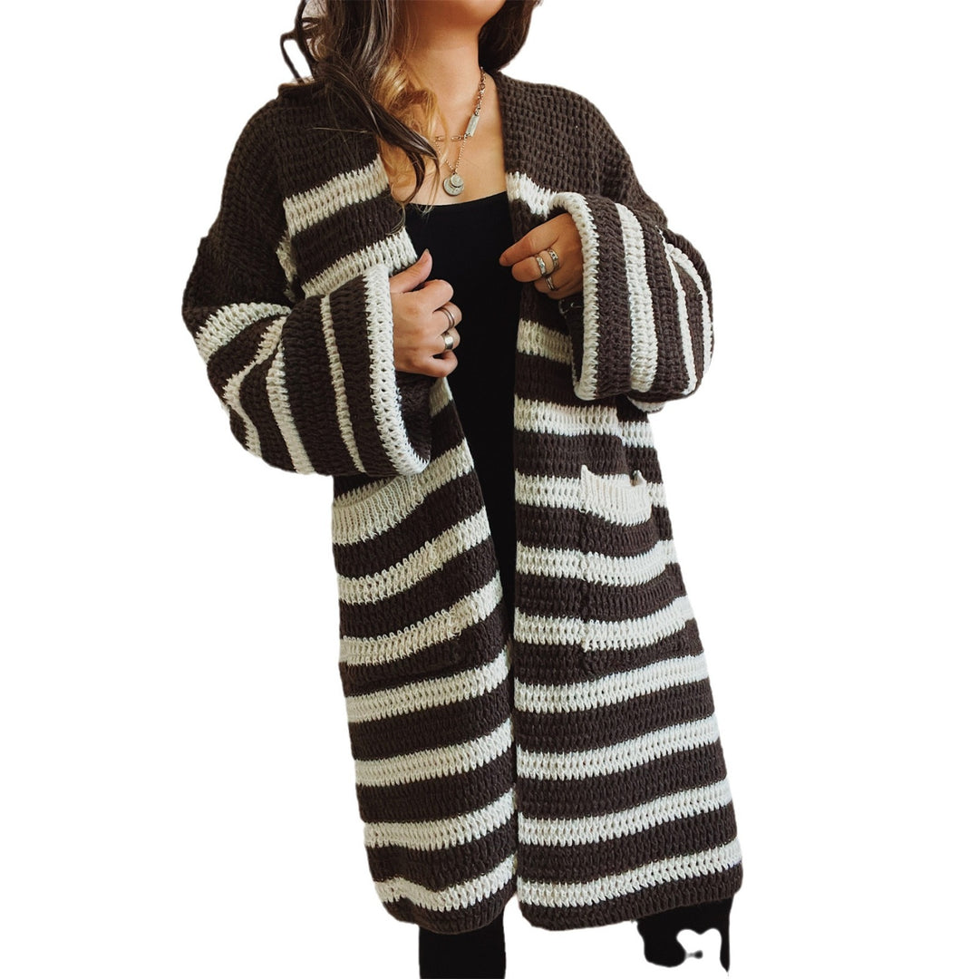 Damen lässige Strickjacke mit modernem Streifenmuster und offener Front EB