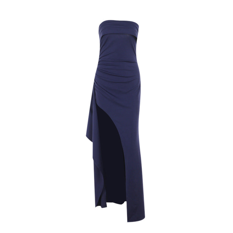 Damen elegantes Maxi-Kleid mit schulterfreiem Design und asymmetrischem Schlitz EB