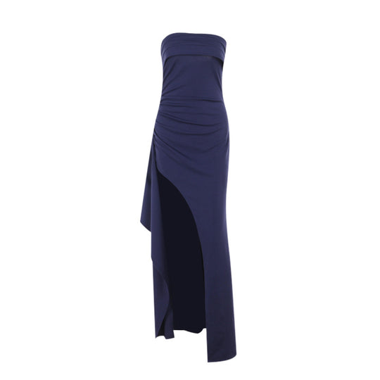 Damen elegantes Maxi-Kleid mit schulterfreiem Design und asymmetrischem Schlitz EB