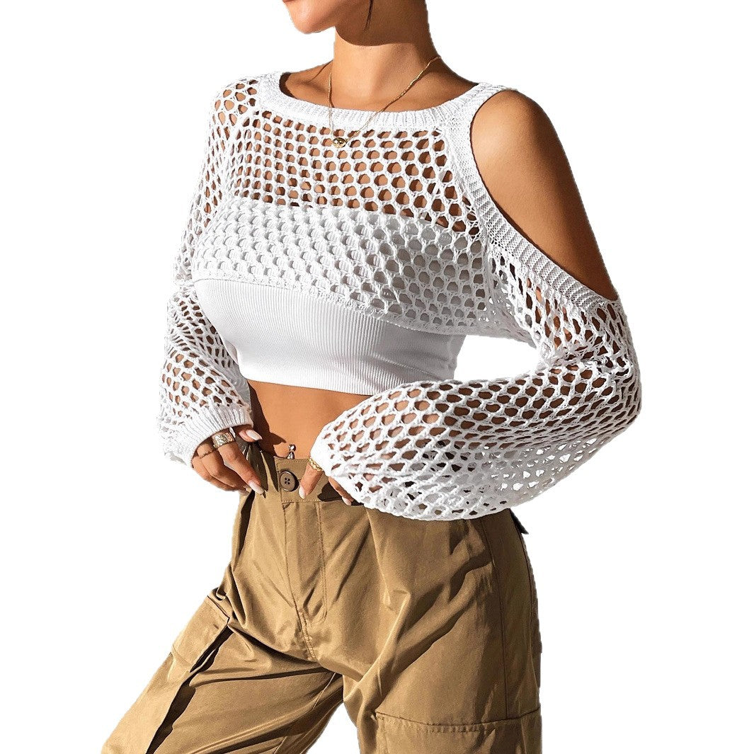 Damen gestricktes Netzoberteil mit offenen Schultern und modischem Design EB