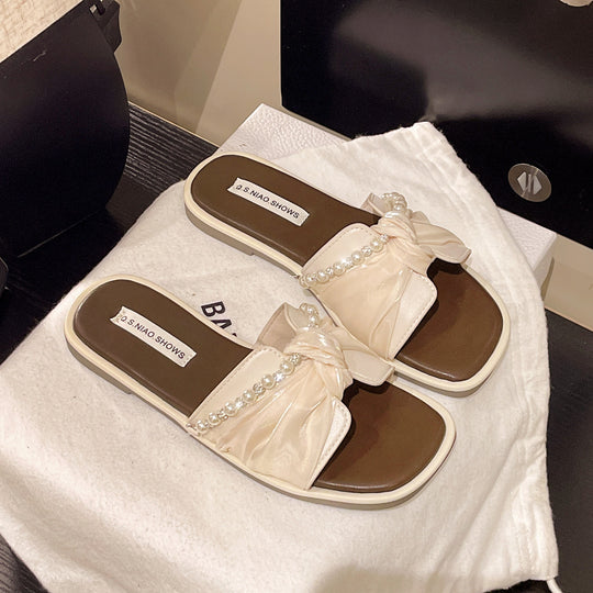 Damen Pantolette mit elegantem Schleifen-Design und perlengesäumtem Riemen EB