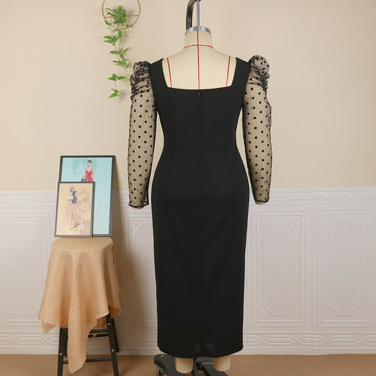Damen elegantes Midi-Kleid mit transparenten Puffärmeln und zartem Rüschenakzent EB
