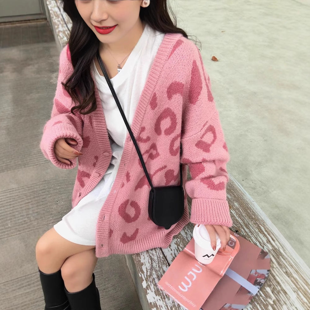 Damen gemütliche Strickjacke mit einzigartigem Leopardenmuster EB