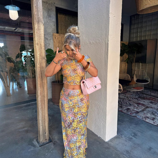 Damen Set aus Crop-Top und Maxi-Rock mit floralen Mustern EB