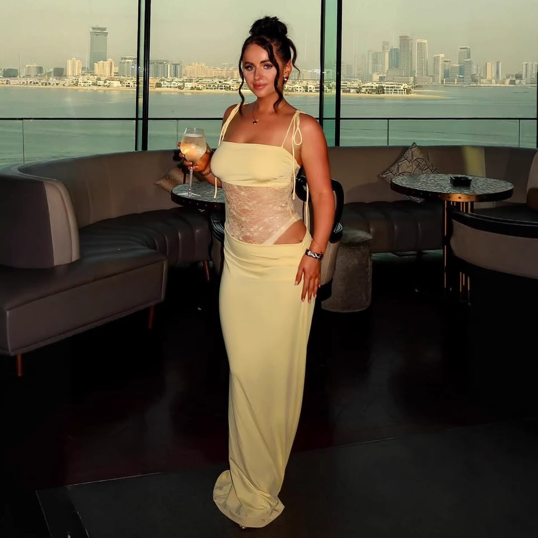 Damen elegantes langes Kleid mit raffiniertem Spitzenoberteil und verstellbaren Trägern EB