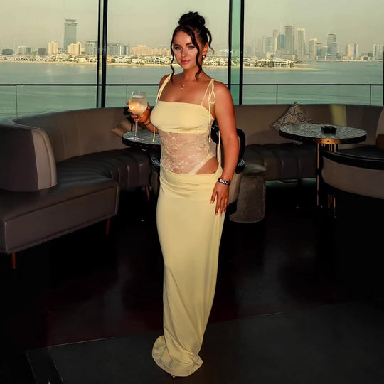 Damen elegantes langes Kleid mit raffiniertem Spitzenoberteil und verstellbaren Trägern EB