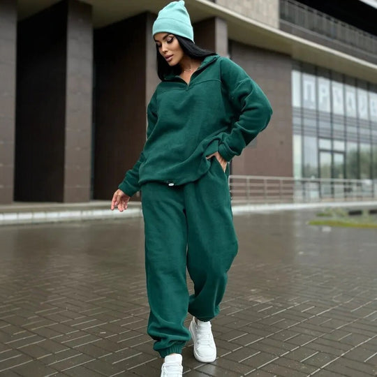 Damen Kuscheliges Fleece-Loungewear-Set mit Halb-Reißverschluss und elastischem Bund EB