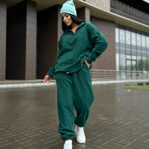 Damen Kuscheliges Fleece-Loungewear-Set mit Halb-Reißverschluss und elastischem Bund EB