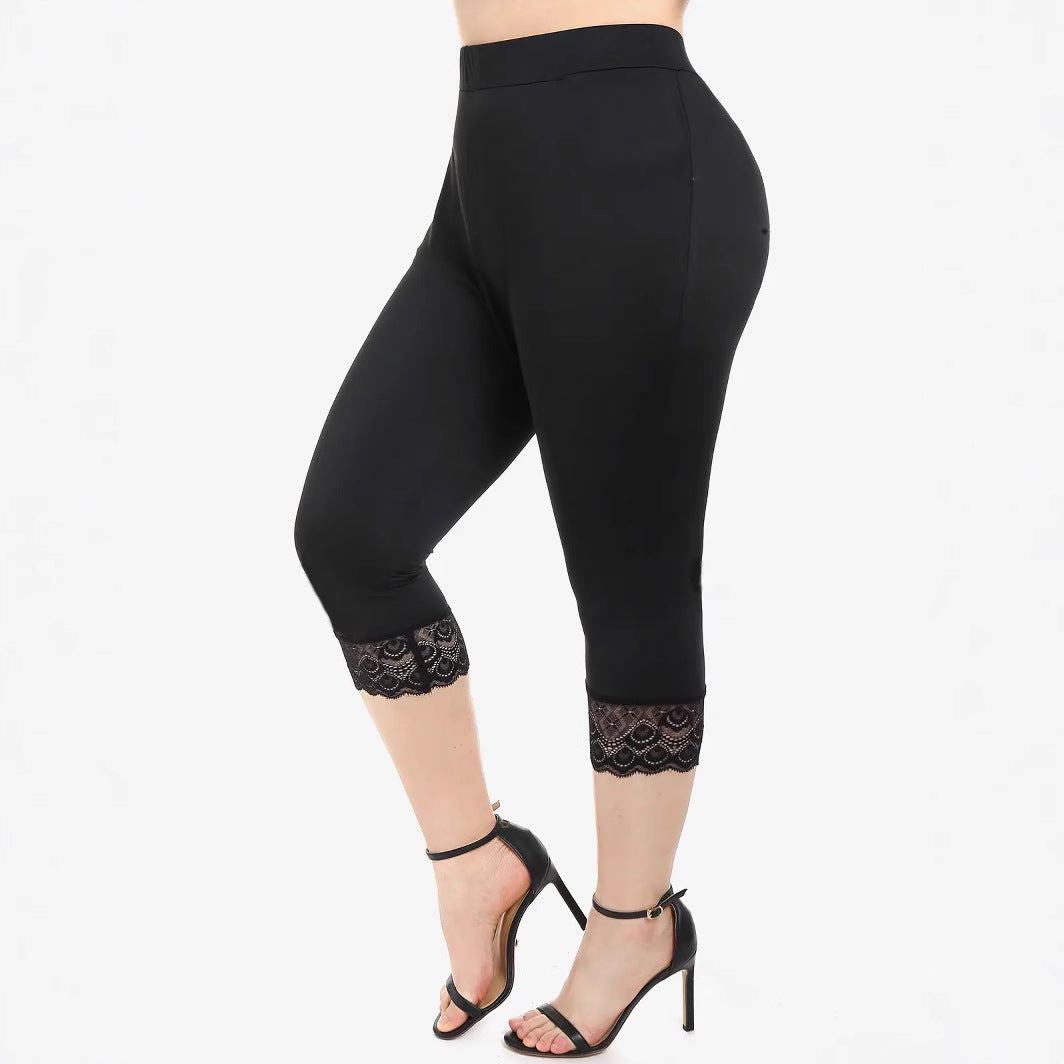 Damen Figurbetonte 3/4-Leggings mit eleganten Spitzenabschlüssen EB