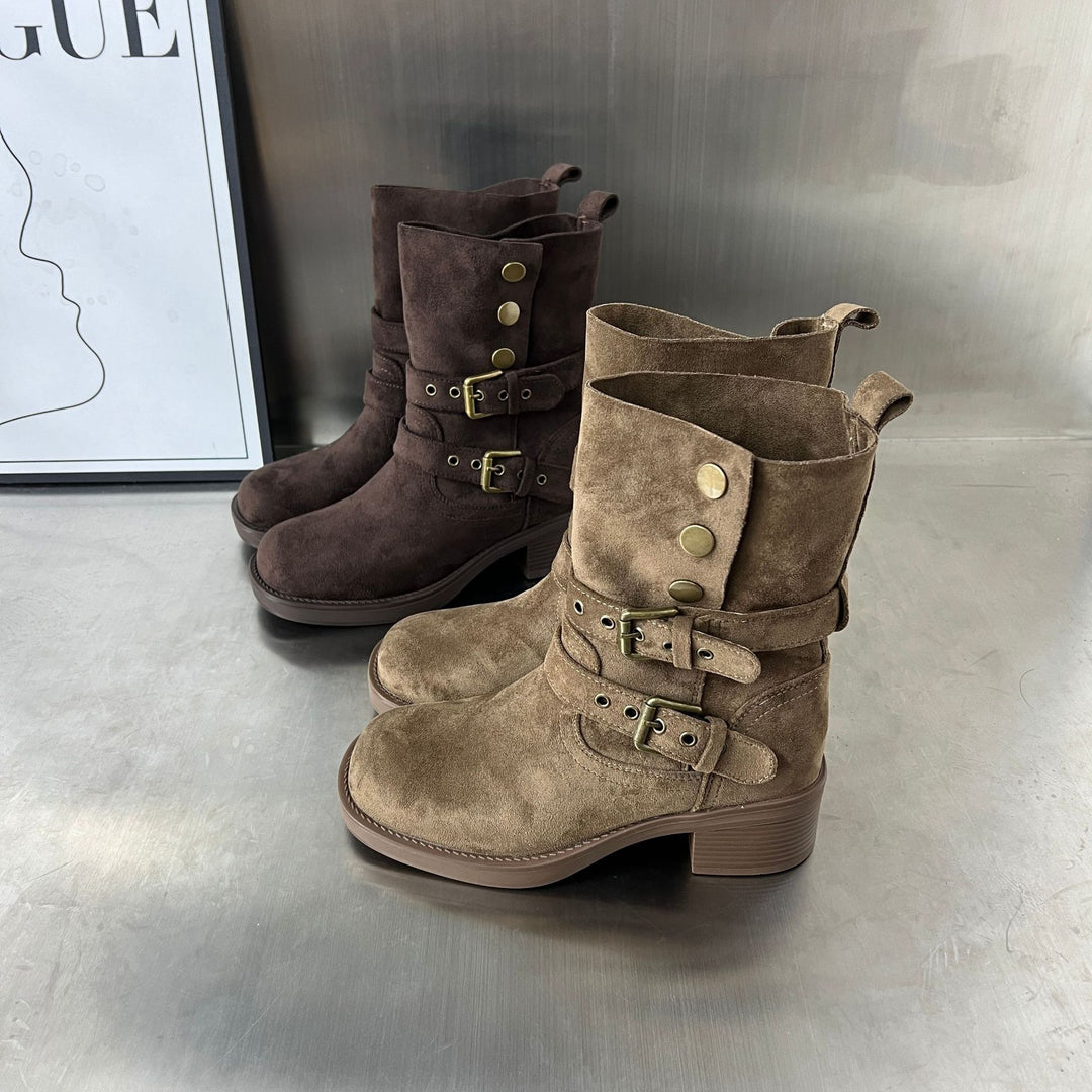 Damen Modische Stiefeletten mit eleganten Schnallen und bequemer Absatzhöhe EB