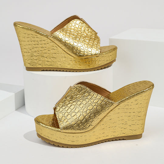 Damen Wedge-Pantoletten mit glänzender Krokodilleder-Optik EB