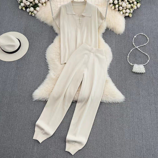 Damen elegantes Lounge-Set mit kurzärmligem Polo und weiten Hosen EB