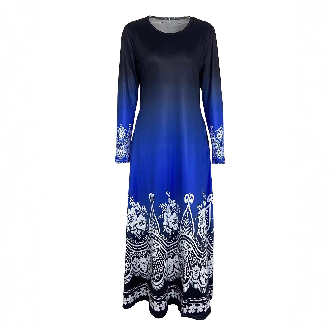 Damen Maxi-Kleid mit farbenfrohem Ombre-Design und floralen Verzierungen EB
