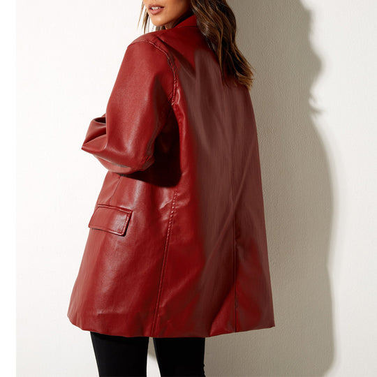 Damen Oversized Kunstleder Blazerjacke EB