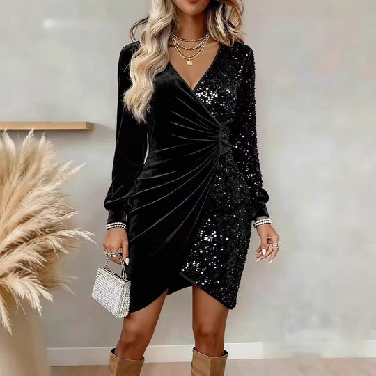 Damen Glamouröses Wickelkleid mit Pailletten und schimmernden Details EB