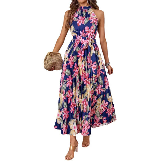 Damen Plissiertes Maxikleid mit tiefem Halterneck und floraler Taillierung EB