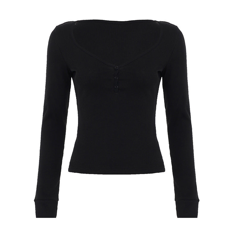 Damen nan figurbetontes geripptes Langarm-Henley-Top mit tiefem V-Ausschnitt und Knopfleiste EB