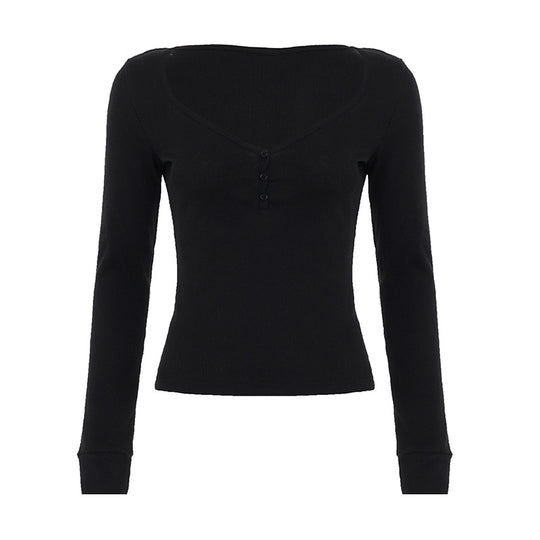 Damen nan figurbetontes geripptes Langarm-Henley-Top mit tiefem V-Ausschnitt und Knopfleiste EB