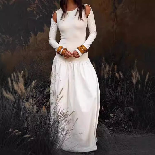 Damen Elegantes Maxikleid mit Off-Shoulder-Ärmeln EB
