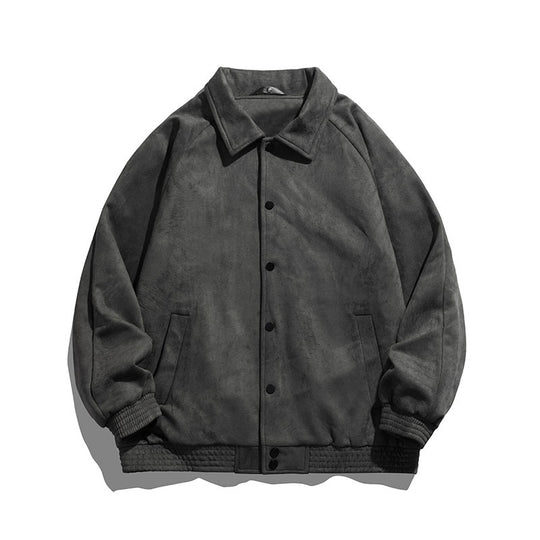 Unisex  oversized suede-effect bomber jacket with ribbed hem and snap front EB