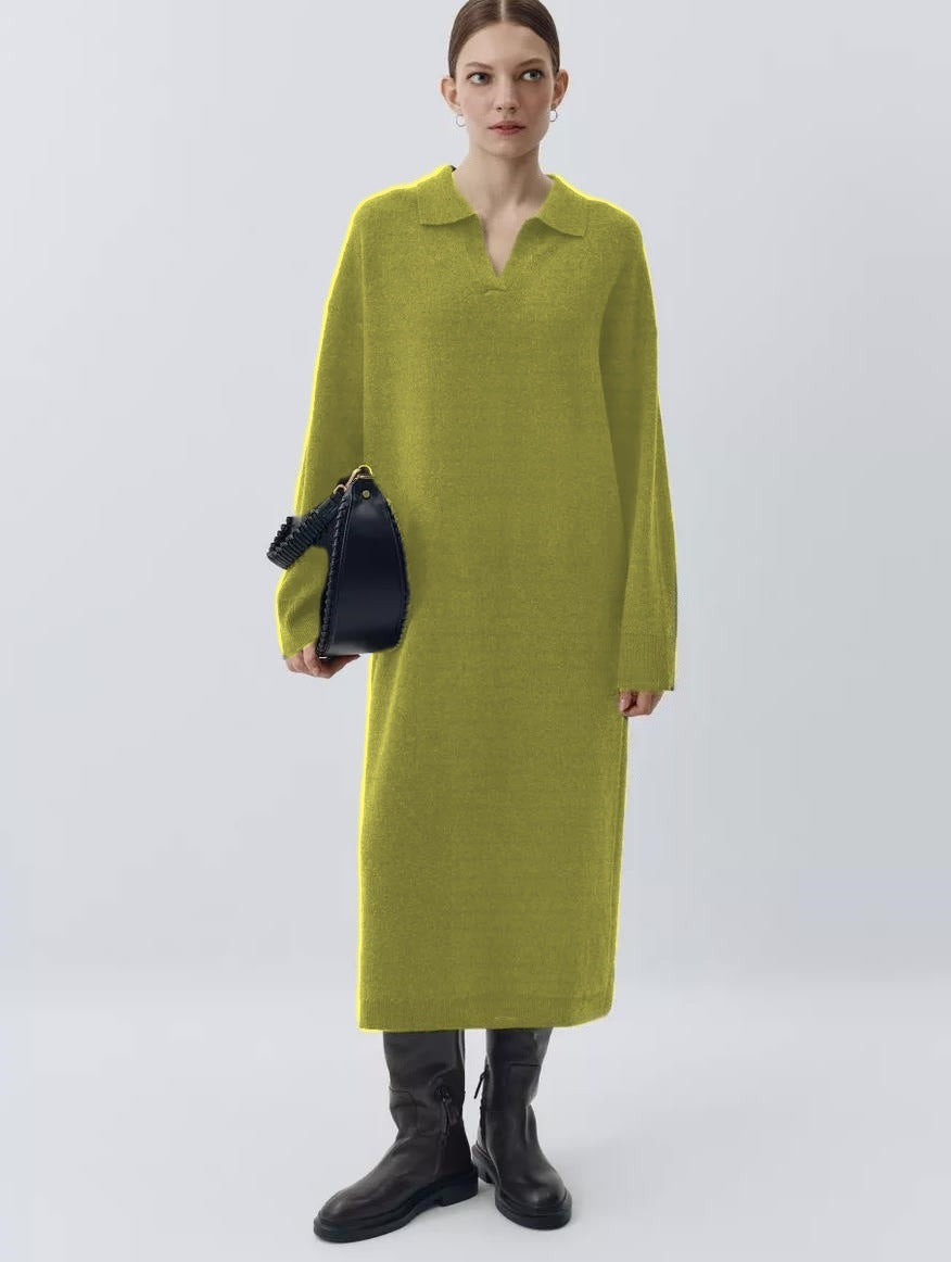 Damen Übergröße Strickkleid mit modernem Polokragen und langen Ärmeln EB