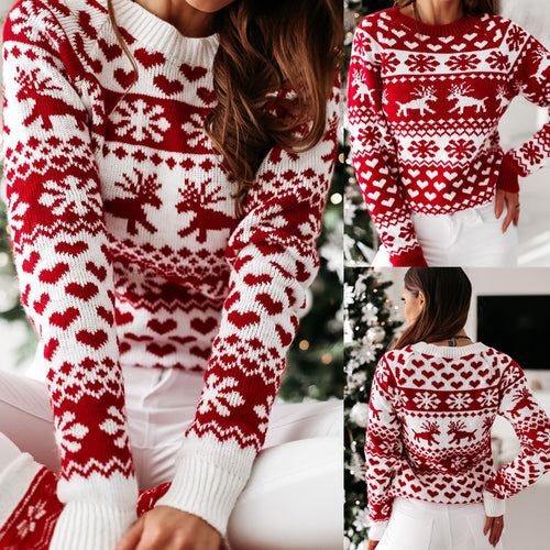 Damen Strickpullover mit weihnachtlichem Muster und Rundhalsausschnitt EB