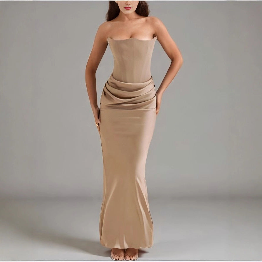 Damen Maxikleid mit Raffungen und elegantem Bustier-Ausschnitt EB