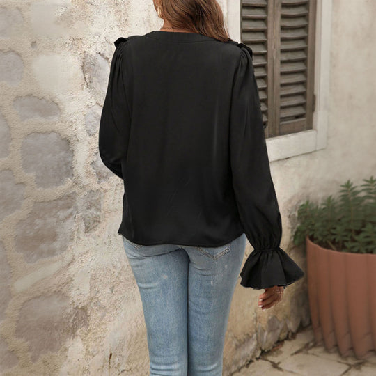 Damen feminine Rüschenbluse mit V-Ausschnitt Volantreihe und Glockenärmeln Eichborn Berlin