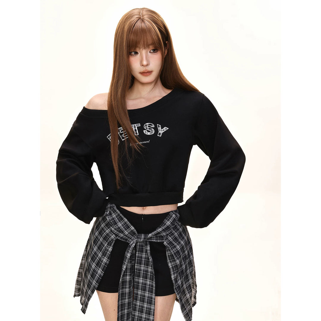 Damen nan einseitig offenes Cropped-French-Terry-Pullover mit voluminösen Ärmeln und Rippbund EB