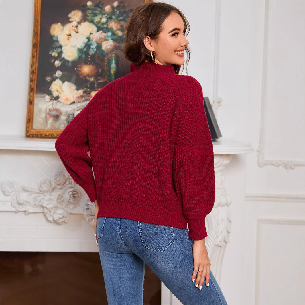 Damen Strickpullover mit hohem Kragen und femininen Puffärmeln EB