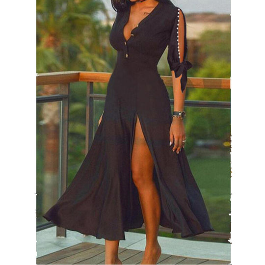 Damen Maxikleid mit elegantem V-Ausschnitt und hohem Schlitz Heidi-Mode