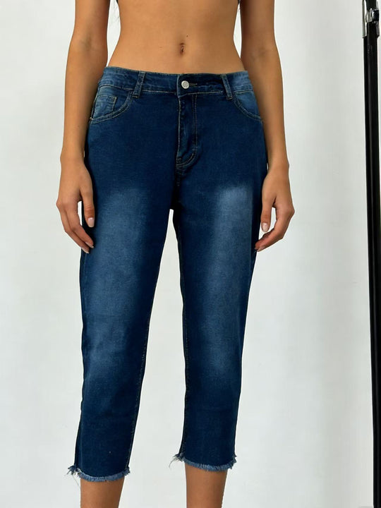 Damen nan schmale knöchellange Jeans mit rohem Fransenabschluss und mittelhoher Taille EB