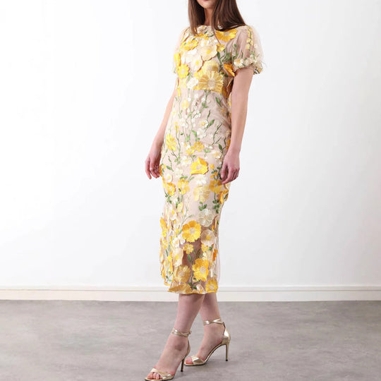 Damen Blumenkleid mit 3D-Blütenapplikationen EB