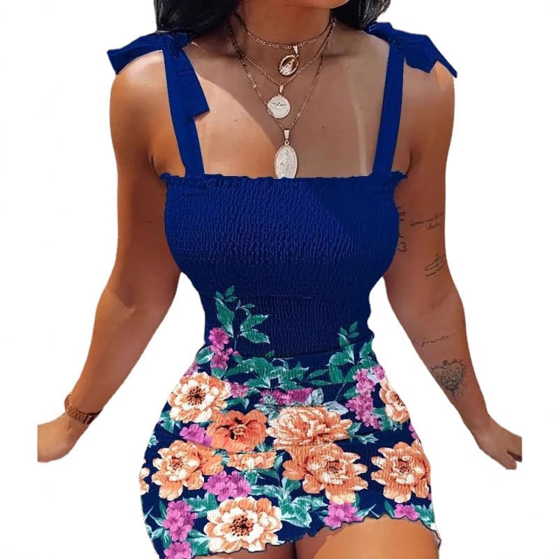 Damen Kurzkleid mit Blumenmuster und Spitzenträgern EB