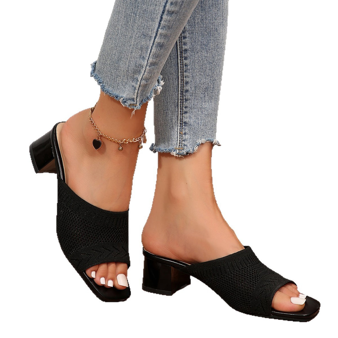 Damen Mules mit modischem Strickoberteil und elegantem Blockabsatz EB
