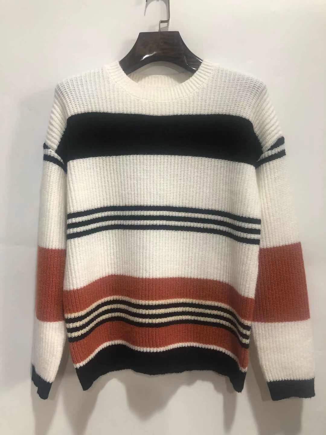 Damen lässiger Strickpullover mit hohem Schnitt und raffiniertem Streifenmuster EB