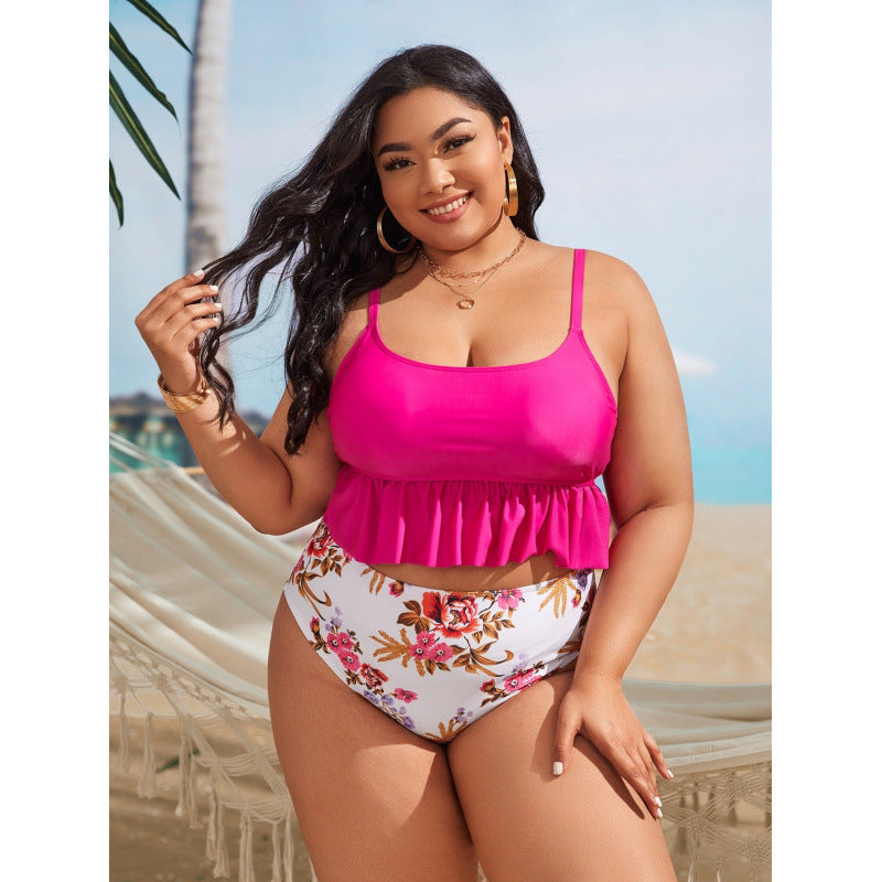Damen Bikini-Set mit voluminösem Rüschendesign und floralem High-Waist-Slip EB