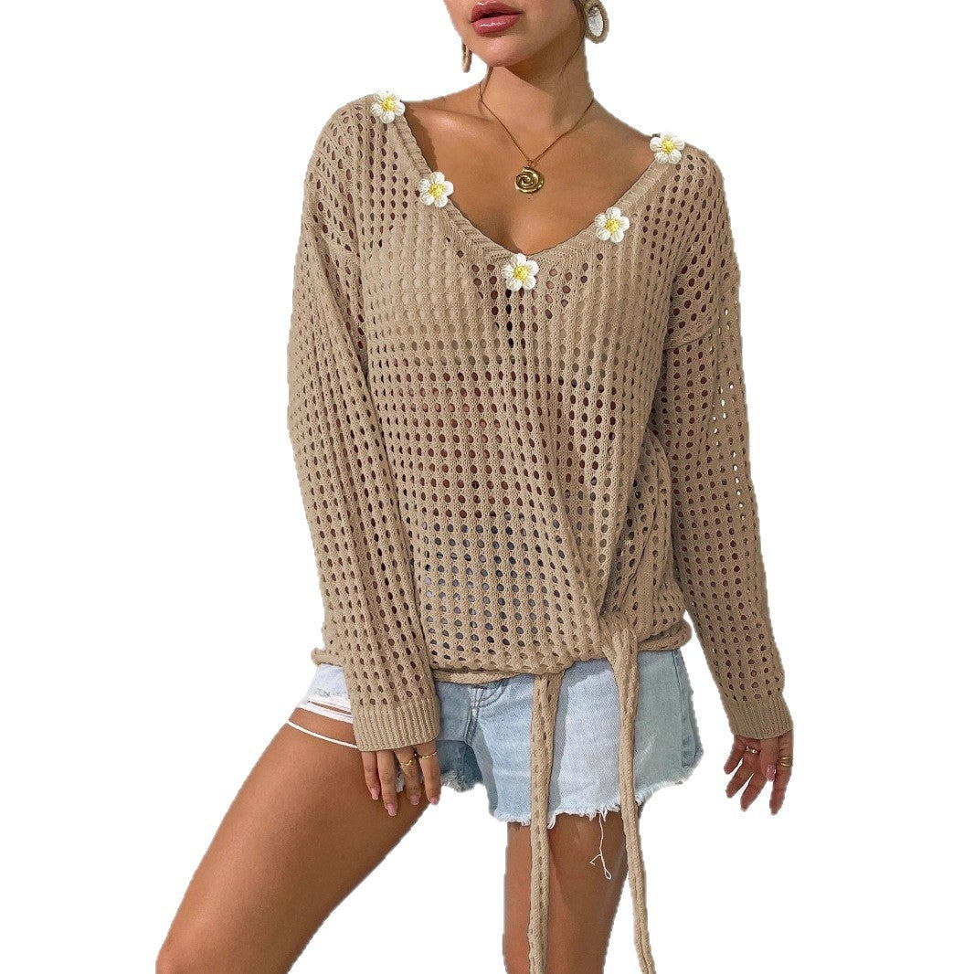 Damen luftiger Strickpullover mit floralem Dekor EB