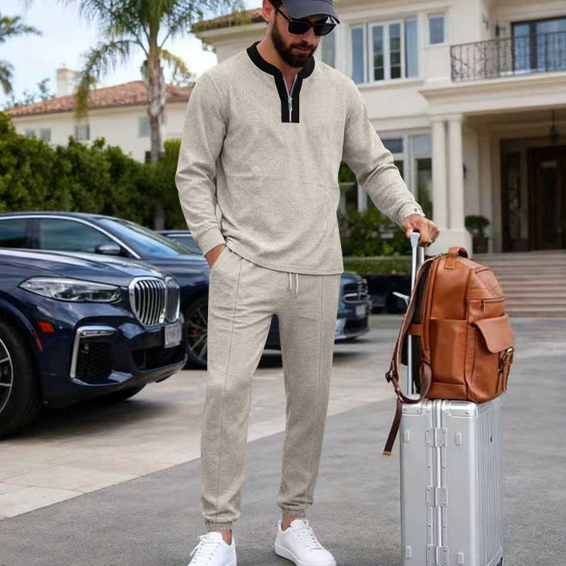 Herren Leichtes Henley-Loungewear-Set mit Kontrastkragen, Tunnelzug-Jogger und elastischen Bündchen EB