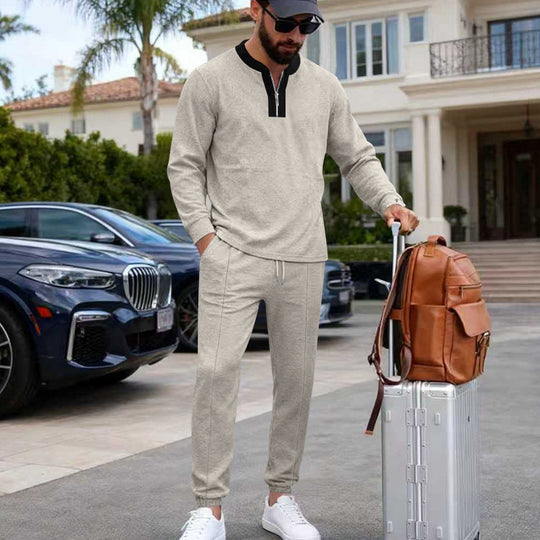 Herren Leichtes Henley-Loungewear-Set mit Kontrastkragen, Tunnelzug-Jogger und elastischen Bündchen EB