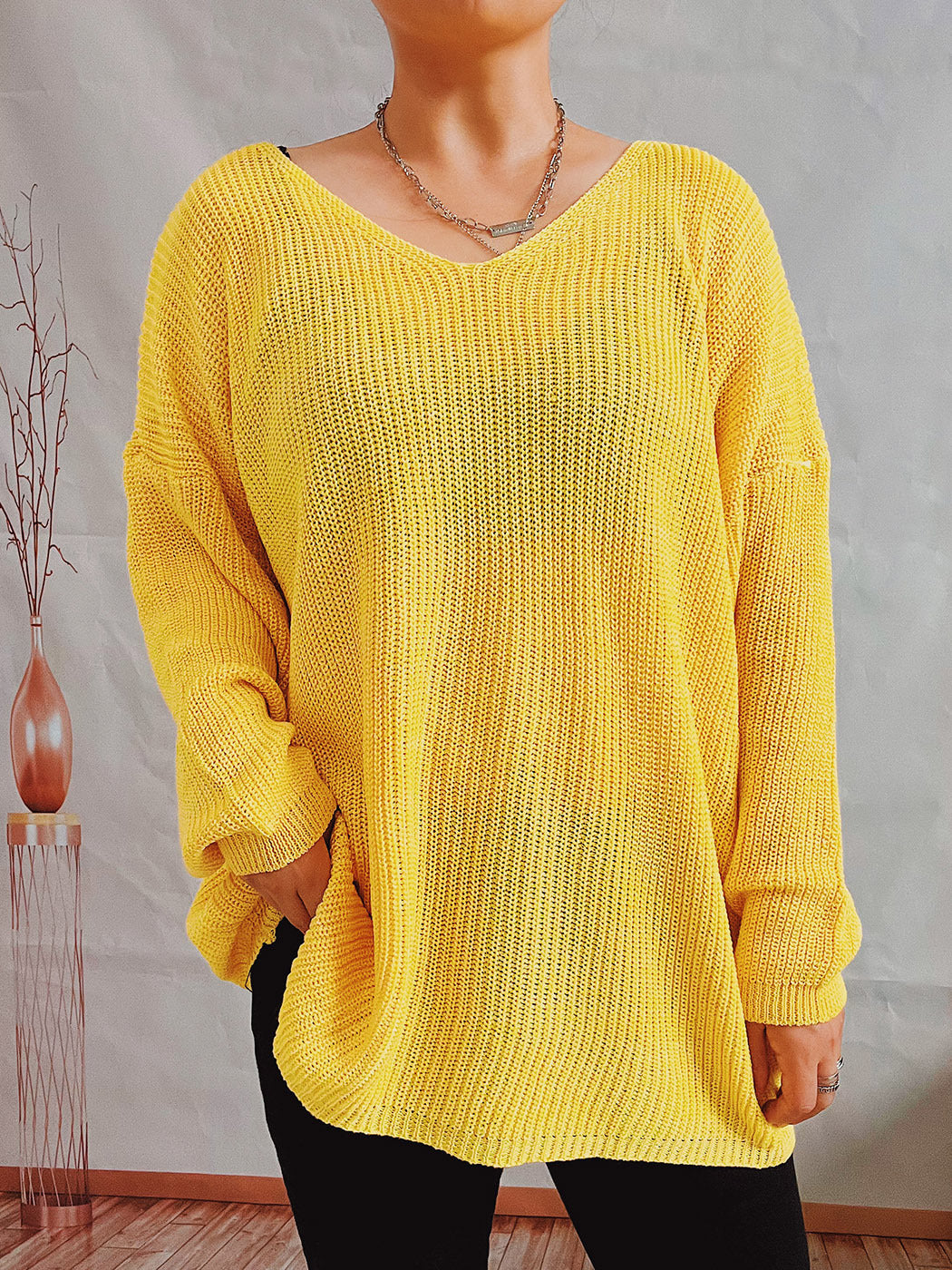 Damen lässiger V-Ausschnitt Pullover mit strukturiertem Strickmuster EB