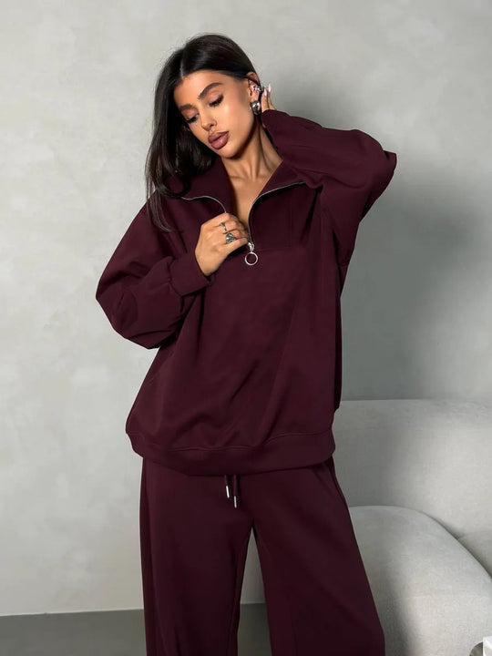 Damen lässiges Sweatset mit halbhohem Reißverschluss Kragen und weitem Jogger EB