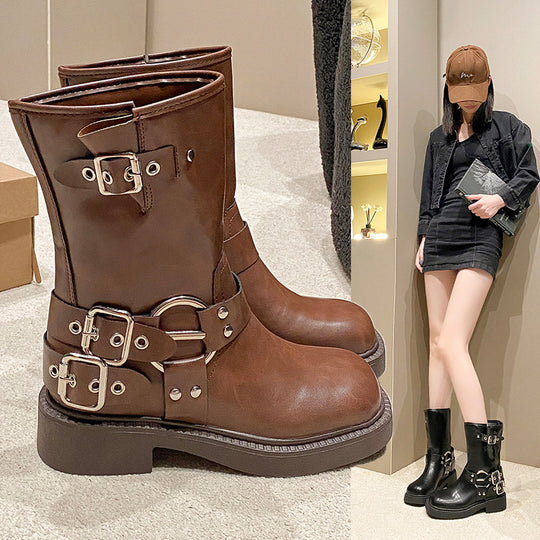 Damen Stiefel mit modischen Schnallen und rutschfester Sohle EB