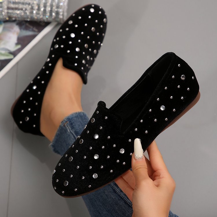 Damen Slip-On Mokassins mit funkelnder Strass-Applikation und eleganter Samtoberfläche EB
